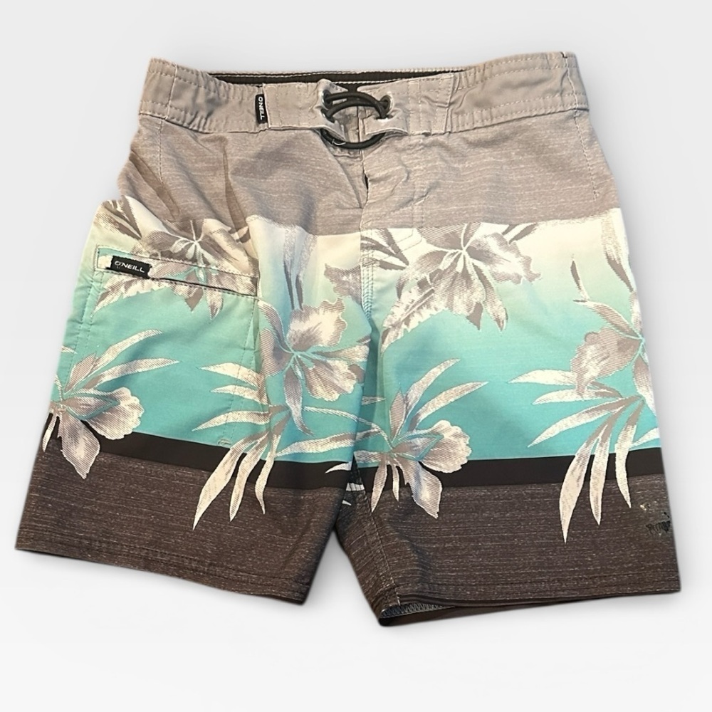 O'Neill Kids Swim Trunks - Gray and Teal Floral Size Small 4T